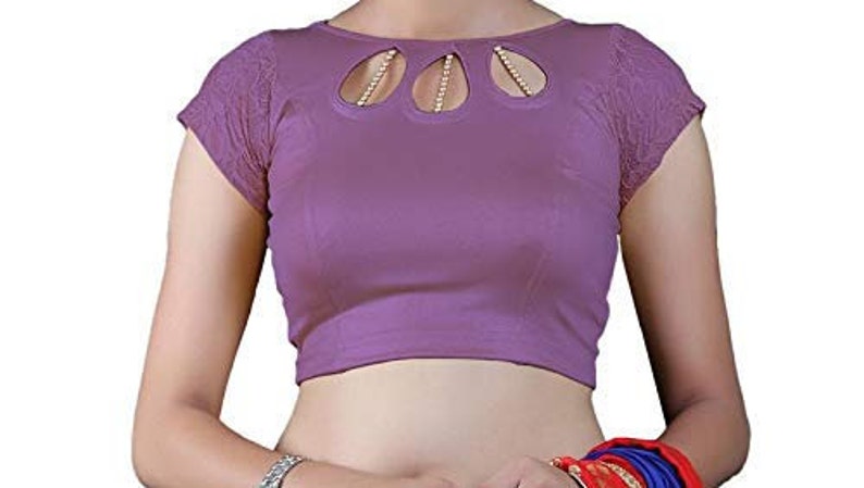 Light Purple Stretchable Lycra Round Neck Ready To Wear Saree Blouse With Short Sleeves Choli Top Tunic For Women Festive Wear Sari Blouse