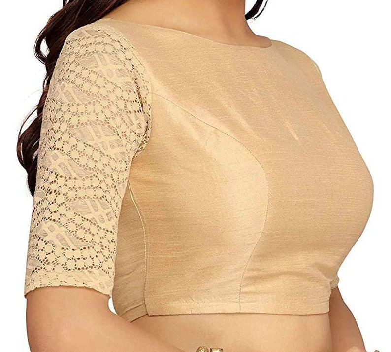 Golden Art Silk Elbow Length Lace Sleeves New Indian Designer Readymade Blouse For Women Wedding Wear Saree Choli Top Tunic SariBlouse