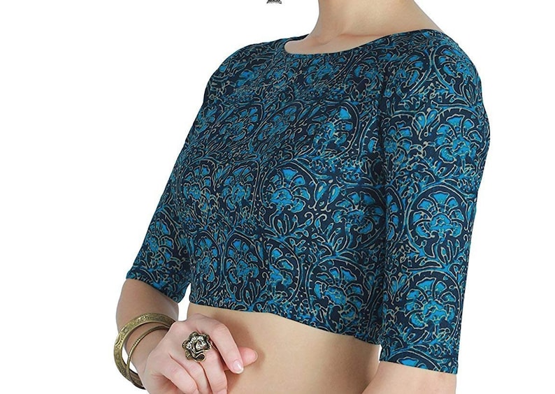 Blue Pure Cotton Jaipuri Block Printed Boat Neck Elbow Length Sleeves New Indian Designer Readymade Blouse For Women Wear Top Tunic Sari