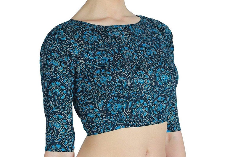 Blue Pure Cotton Jaipuri Block Printed Boat Neck Elbow Length Sleeves New Indian Designer Readymade Blouse For Women Wear Top Tunic Sari