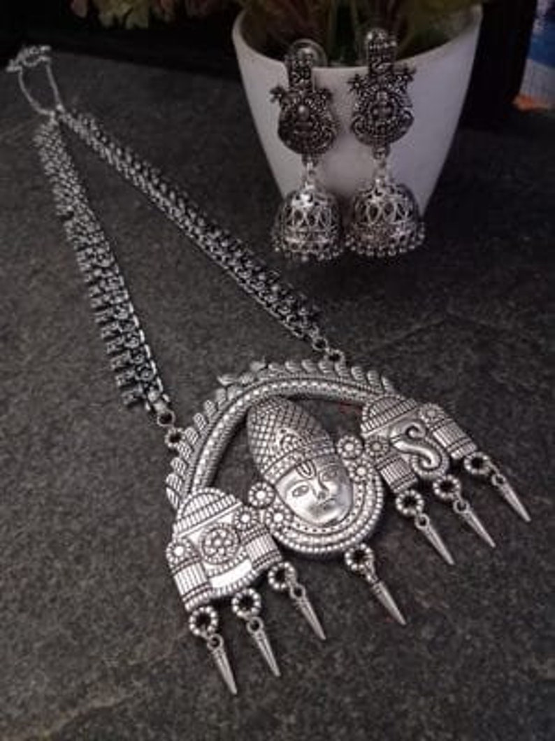 multistrand necklace set With Earrings German silver necklace Oxidised Silver Kolhapuri Temple Necklace Setand jhumkas,glass enamel work