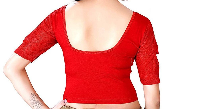 Indian Red Stretchable Lycra Ready To Wear Saree Blouse With Short Lace Sleeve Choli Top Tunic For Women Festive Wear Sari Blouse