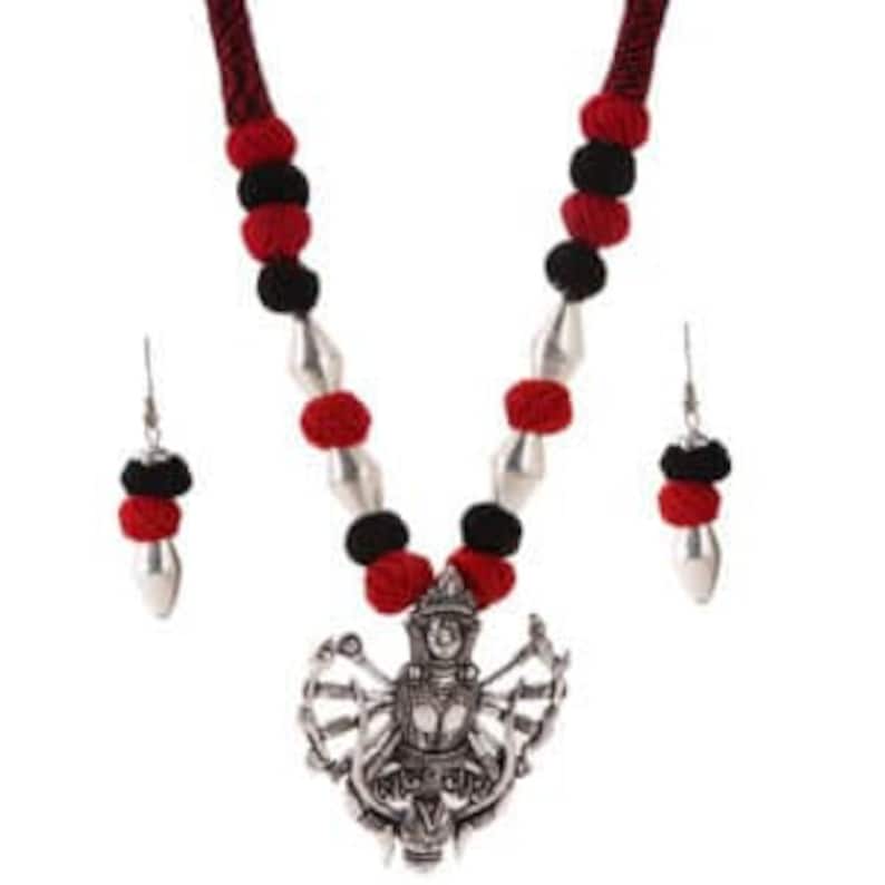 With Earrings necklace multistrand necklace set Fashion Red and Black Devi Silver Dholki Necklace Set and jhumkas,glass enamel work
