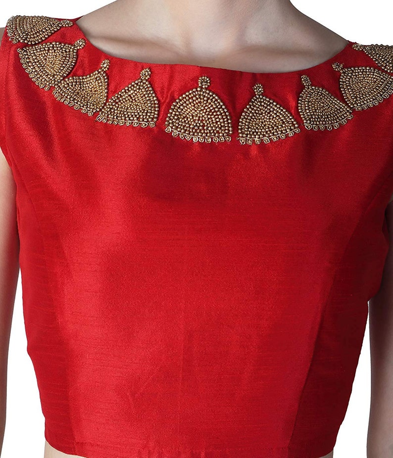 Red Raw Art Silk Jhumka Bead Embroidered Work Sleeveless New Indian Designer Readymade Blouse For Women Party Wear Choli Top Tunic Sari