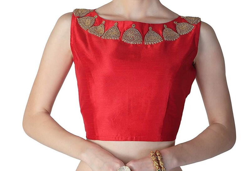 Red Raw Art Silk Jhumka Bead Embroidered Work Sleeveless New Indian Designer Readymade Blouse For Women Party Wear Choli Top Tunic Sari