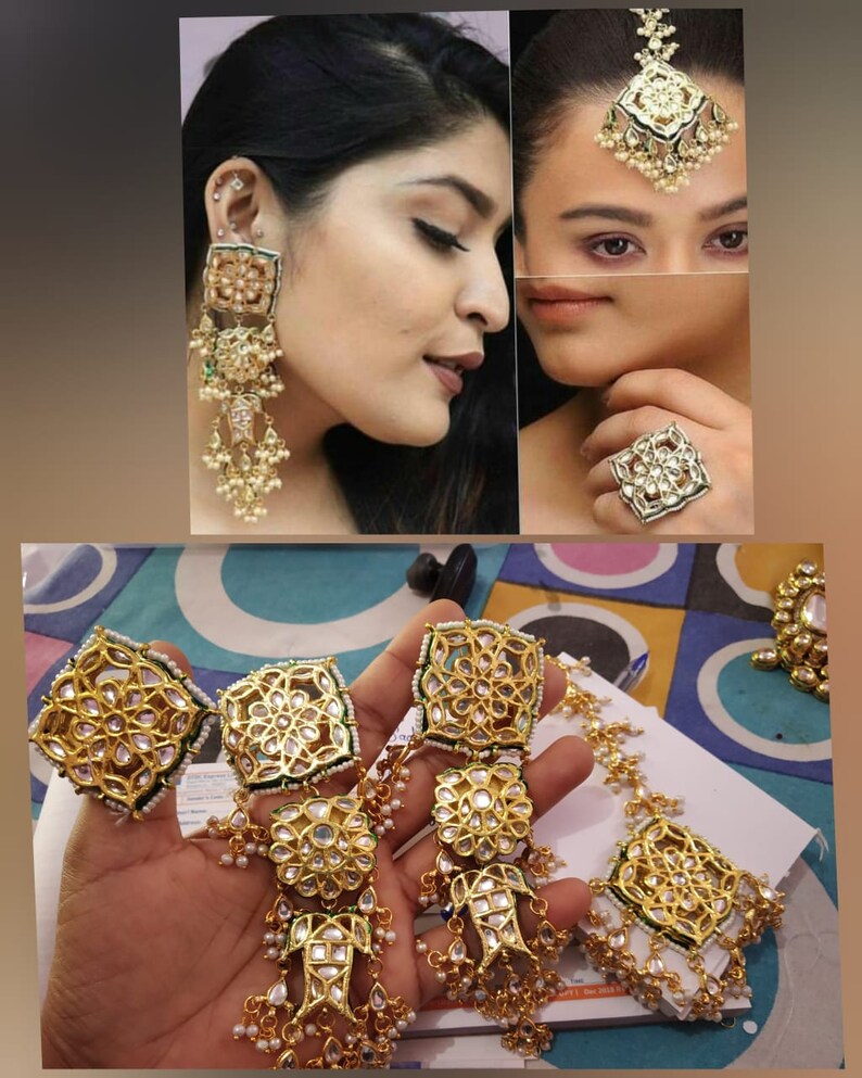 Golden Gold Toned Stone Studded Choker Necklace,Earrings,Ring,Mangtika Temple Jewelry Set For Women WeddingParty Wear Necklace Jewelry Set