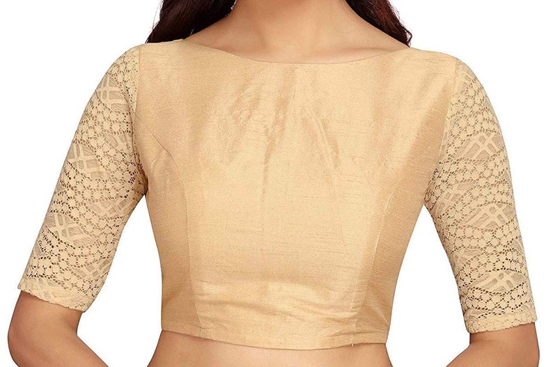 Golden Art Silk Elbow Length Lace Sleeves New Indian Designer Readymade Blouse For Women Wedding Wear Saree Choli Top Tunic SariBlouse