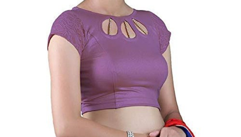 Light Purple Stretchable Lycra Round Neck Ready To Wear Saree Blouse With Short Sleeves Choli Top Tunic For Women Festive Wear Sari Blouse