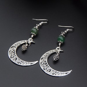 Earrings PINECONE FOREST || Aventurine Crescent Celtic Gothic Middle Ages Pagan Strega Witch Witchy Forest Pagangoth Witch Alternative Larp