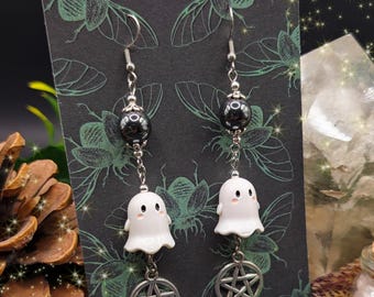 Night Ghost Earrings || Ghost Pentagram Hematite Halloween Cute Witchy Ghost Jewelry Ghost Earrings Witch Wicca Cosplay Kawaii Ghosts