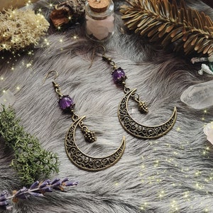 Earrings PINECONE FOREST || Amethyst Crescent Moon Strega Gothic Medieval Wicca Witch Wiccan Shaman Witch Larp Witchy Pagan Pagangoth