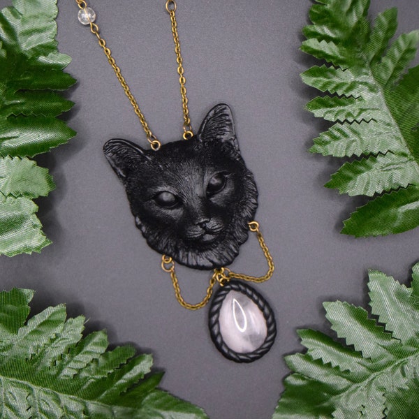 Amulett BLACK CAT || Rosenquarzkette Katzenkette Katze Rosenquarzschmuck Gothicschmuck Hexenschmuck Alternative Mittelaltermarkt Catjewelry