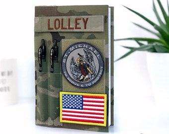 Book cover for green journal with loop tape for patches | Military journal | Army | Air force | Marine Corps | Navy | Military gift. Style 4
