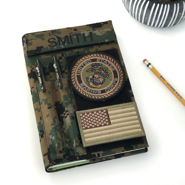 Book cover for green journal with loop tape for patches | Military journal | Army | Air force | Marine Corps | Navy | Military gift. Style 4