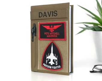 Book cover for green journal with loop tape for patches | Military journal | Army | Air Force | Marine Corps | Navy | Military gift. Style 6