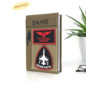 Book cover for green journal 5x8” with tape for patches | Military journal | Army | Air Force | Marine Corps | Navy | Military gift. Style 6