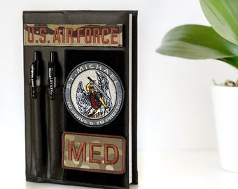 PU Leather Book cover for 5x8" green journal with loop tape for patches |Army | Air force | Marine Corps| Navy| Military gift. Style 4