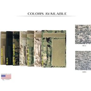 May include: A display of tactical gear in various camouflage patterns and colors, including Coyote Brown, Black, and Marpat Woodland. The text "COLORS AVAILABLE" is at the top, with "HANDMADE IN USA" and the brand name at the bottom. ACU and ABU patterns are also shown.