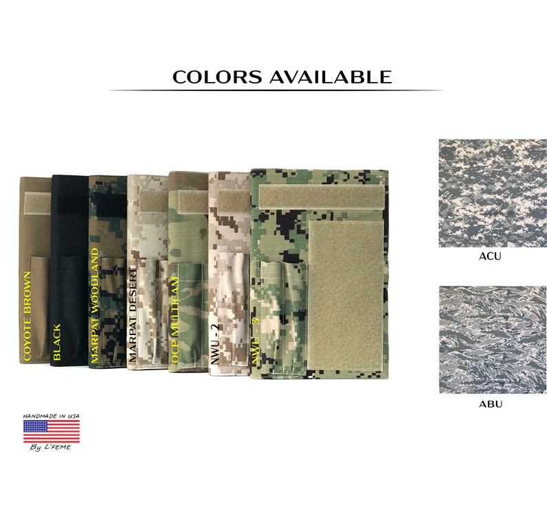 May include: A display of tactical gear in various camouflage patterns and colors, including Coyote Brown, Black, and Marpat Woodland. The text "COLORS AVAILABLE" is at the top, with "HANDMADE IN USA" and the brand name at the bottom. ACU and ABU patterns are also shown.