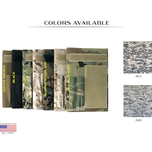 May include: A display of tactical gear in various camouflage patterns and solid colors, including Coyote Brown and Black. The image shows different fabric samples with names like MARPAT Woodland and OCP Multicam. Additional patterns, ACU and ABU, are also displayed. The text "COLORS AVAILABLE" is at the top.