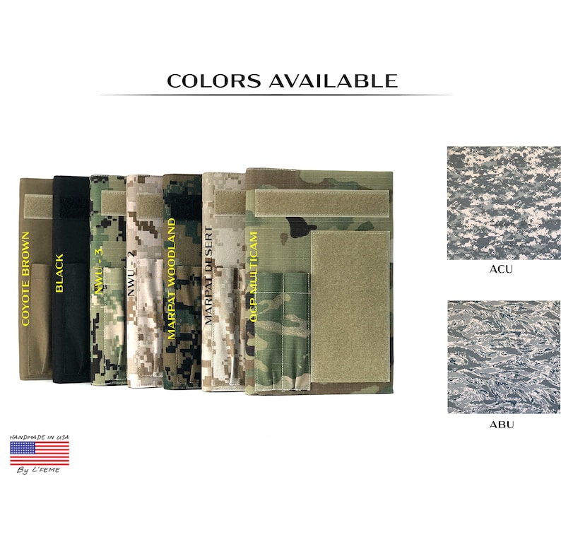 May include: A display of tactical gear in various camouflage patterns and solid colors, including Coyote Brown and Black. The image shows different fabric samples with names like MARPAT Woodland and OCP Multicam. Additional patterns, ACU and ABU, are also displayed. The text "COLORS AVAILABLE" is at the top.