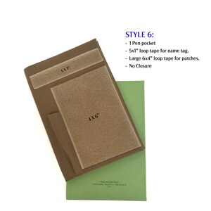 May include: A brown document holder with a 5x1 inch loop tape and a 6x4 inch loop tape. The holder has a pen pocket and no closure. A green document is visible at the bottom. The text "STYLE 6" is displayed.