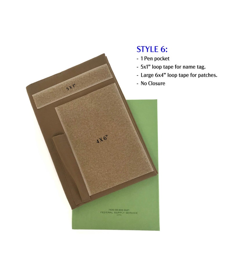 May include: A brown document holder with a 5x1 inch loop tape and a 6x4 inch loop tape. The holder has a pen pocket and no closure. A green document is visible at the bottom. The text "STYLE 6" is displayed.