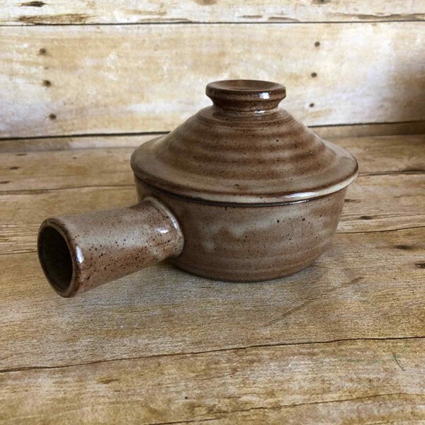 Vintage Rustic Stoneware Steamer Pot with Lid & Handle - Small Covered Dish