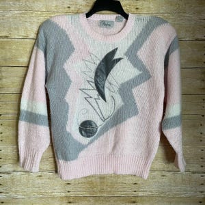 Andene Vintage 1980’s Pink & Gray Abstract Sweater - Size Medium - Faux Leather Appliques - New Wave