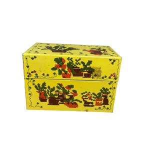 May include: A yellow metal box with a two-tiered design. The box is decorated with a repeating pattern of potted plants and a watering can. The plants are green and red, and the pots are brown.
