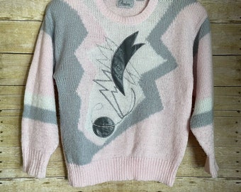 Andene Vintage 1980’s Pink & Gray Abstract Sweater - Size Medium - Faux Leather Appliques - New Wave