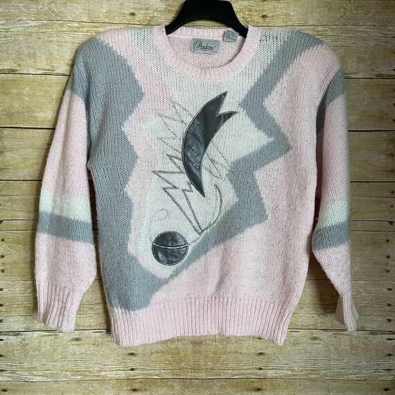 Andene Vintage 1980’s Pink & Gray Abstract Sweate… - image 1