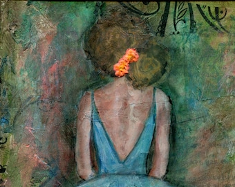 Woman in a blue dress painting on canvas board, hand painted female figure painting 9x12, mixed media wall art