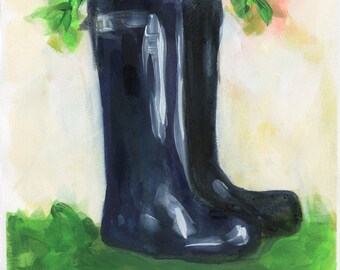 Rain boots mixed media painting 9x12, blooming flowers, original artwork, rainy day art, office wall decor, dorm room artwork
