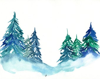 Misty pine trees hand painted landscape watercolor wall art 9x12, evergreens in a winter landscape original painting