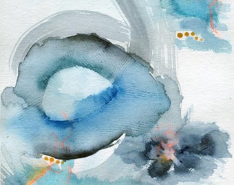 Blue abstract watercolor painting 9x12, hand painted abstract circle watercolor original artwork