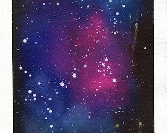 Pintura de acuarela original de galaxia pintada a mano, juego de 4 de 5 x 7 lista para enmarcar, nebulosa y arte de pared celestial