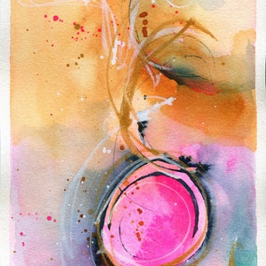 Abstract watercolor painting 6x9, hand painted abstract circle watercolor original artwork, yellow blue and pink small wall art