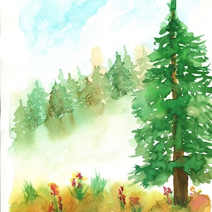 Foresta sempreverde e fiori selvatici rossi dipinti a mano acquerello dipinto 9x12, originale paesaggio selvaggio acquerello dipinto