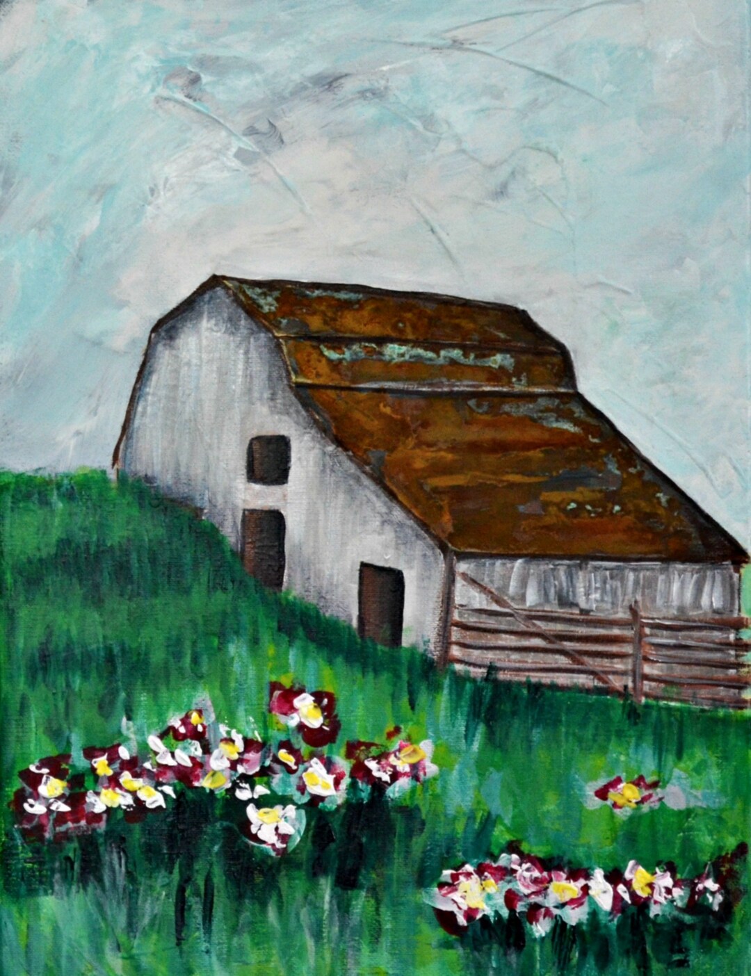 White Barn With a Field of Flowers Acrylic Painting on Canvas 12x16 ...