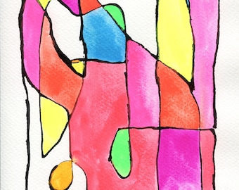 Geometric neon line drawing hand painted watercolor painting 9x12, eclectic boho wall art, original painting on paper