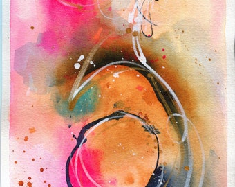 Abstract watercolor painting 6x9, hand painted abstract circle watercolor original artwork, indigo yellow and pink small wall art