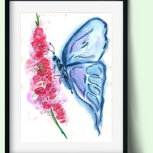 May include: A watercolor painting of a blue butterfly with pink flowers. The butterfly is painted in a loose, abstract style, with delicate lines and washes of color. The flowers are also painted in a loose style, with a focus on their shape and texture.