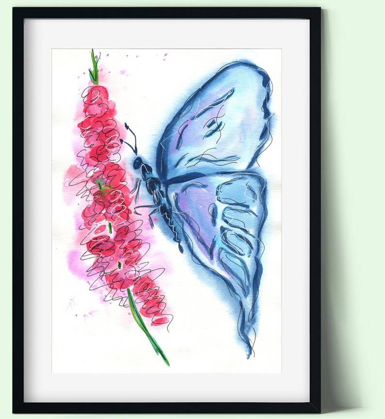 May include: A watercolor painting of a blue butterfly with pink flowers. The butterfly is painted in a loose, abstract style, with delicate lines and washes of color. The flowers are also painted in a loose style, with a focus on their shape and texture.