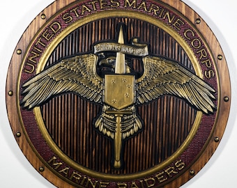 USMC Marine Raiders Badge on Shield Red Painted Military Plaque