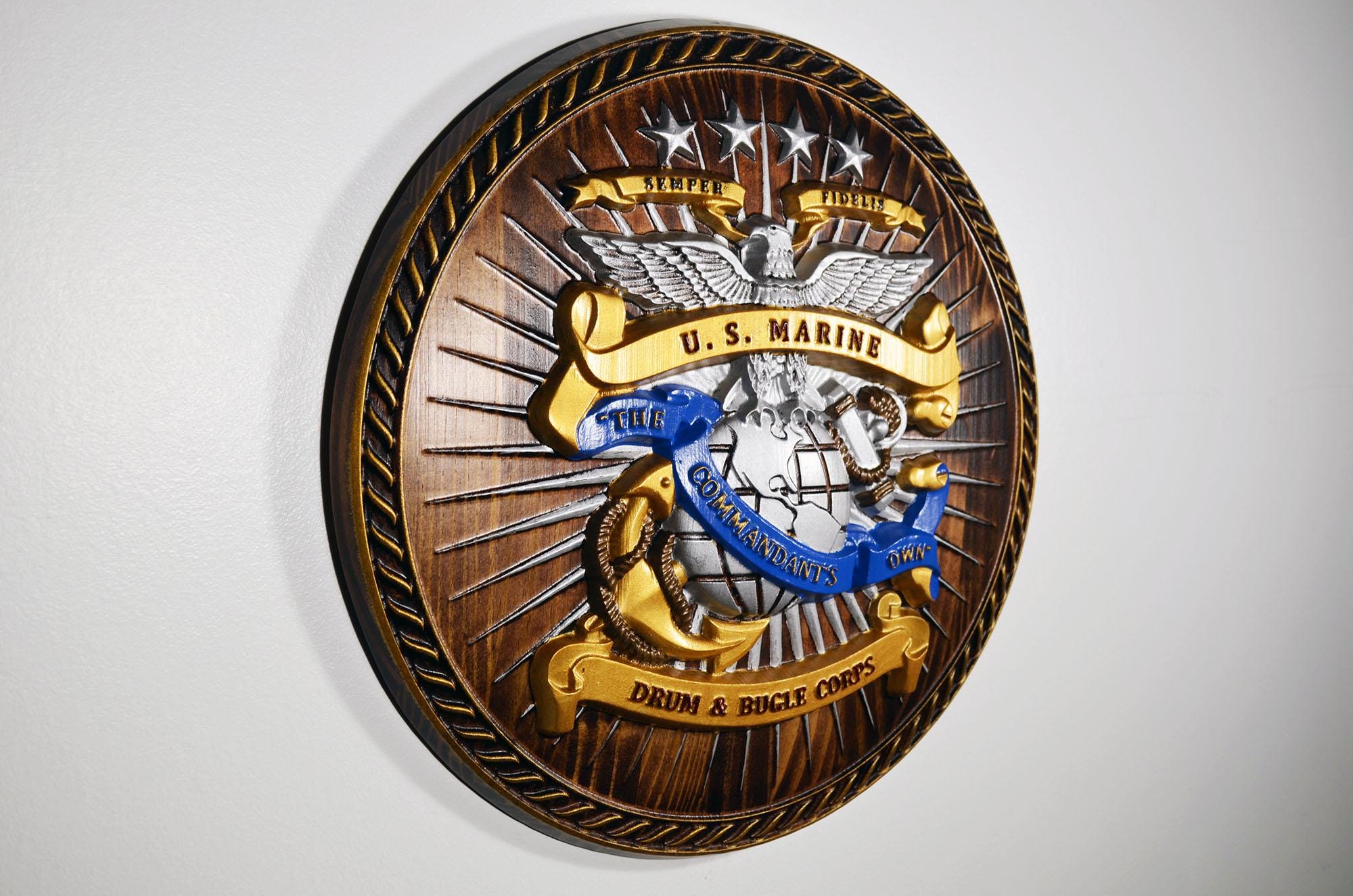 USMC Drum & Bugle Corps, Java Painted 3d Wood Carving, Military