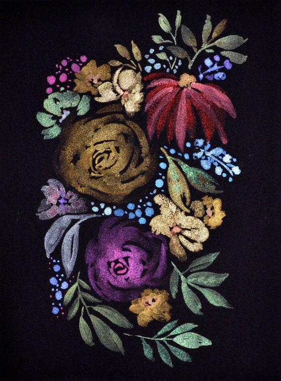Flowers Hand Painted Metallic Watercolor Painting 9x12, Original Metallic  Watercolor Painting on Black Paper 