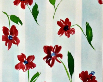 Red poppy flower original watercolor painting, blue stripe wallpaper inspired wall art