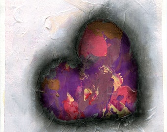 Expressive purple heart painting on paper 6x9, funky wall decor, original mixed media abstract painting