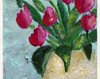 Red tulips in a cream vase original acrylic painting 9x12, hand painted textured mixed media modern floral wall art